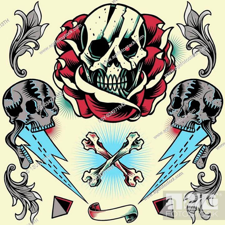 Stock Vector: Skull, Rose, Thunder, Pyramid, Ribbon, Bone Cross and Floral Ornament in old school tattoo style illustration vector for use.Bone cross can be ungroup.