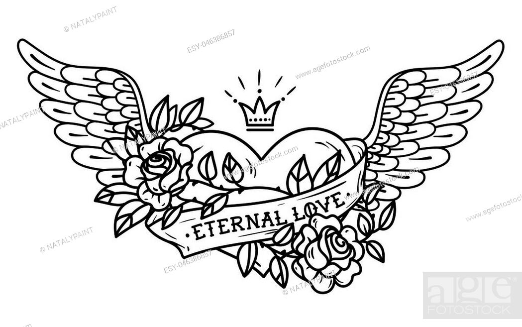 Tattoo flying heart entwined in climbing rose. Tattoo heart with wings,  ribbon, roses and crown, Stock Vector, Vector And Low Budget Royalty Free  Image. Pic. ESY-046386857 | agefotostock