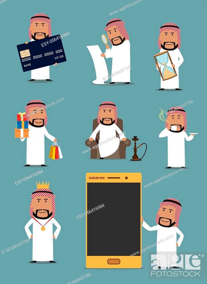 Rich arab businessman cartoon character set. Saudi arabian man standing  with mobile phone, Stock Vector, Vector And Low Budget Royalty Free Image.  Pic. ESY-056416984 | agefotostock