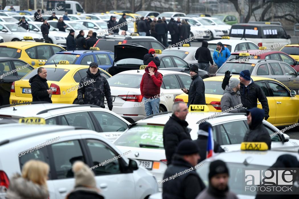 Stock Photo: Association of Czech Taxi Drivers organises second protest against services of Uber type. Taxi drivers meet at Strahov, Prague, Czech Republic, on Friday.