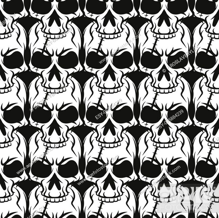 Stock Vector: Black skull vector pattern on white background.