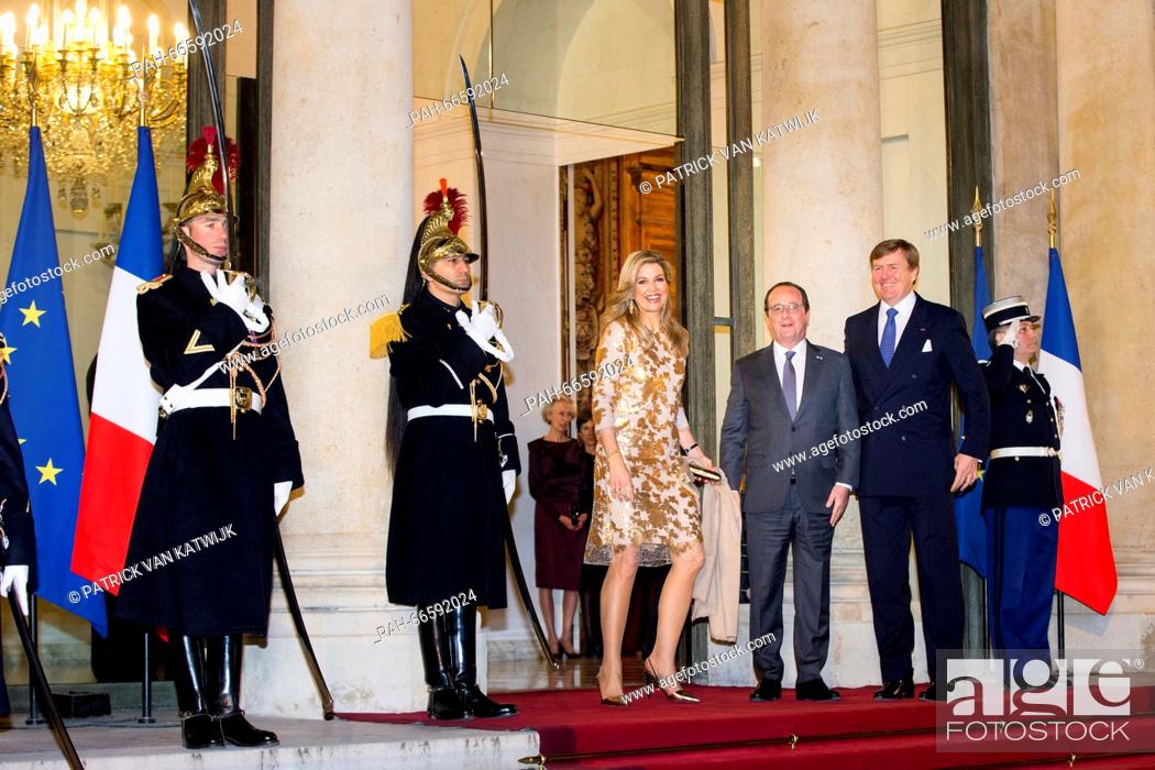 Stock Photo: French president Francois Hollande host an state banquet to honor King Willem-Alexander and Queen Maxima of The Netherlands at the Elysee Palace in Paris.