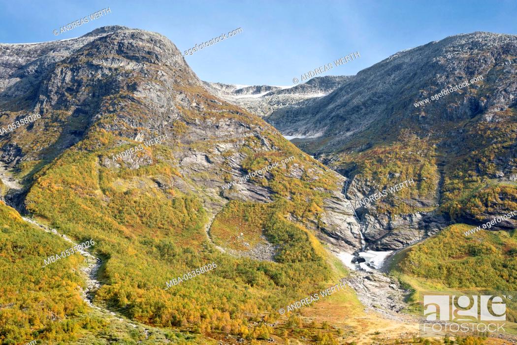 Stock Photo: Austerdalen, valley shaped from glacier Austerdalsbre, tongue of Jostedalsbre, autum, birch trees, indian summer, valley Austerdalen, Sogn of Fjordane, Norway.