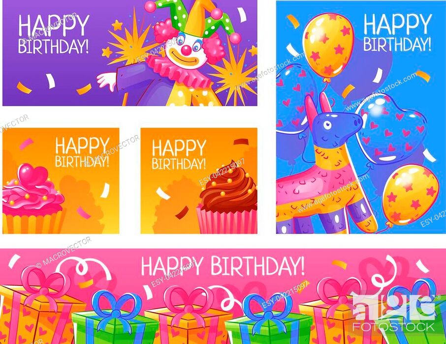 Happy birthday greeting party invitation funny cards banners collection  with confetti cakes balloons..., Stock Vector, Vector And Low Budget  Royalty Free Image. Pic. ESY-042215097 | agefotostock