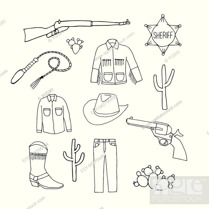 Set of cowboy symbols. Cowboy jeans, shirt, jacket, hat, boots, gun and  sheriff's badge, Stock Vector, Vector And Low Budget Royalty Free Image.  Pic. ESY-042796494 | agefotostock