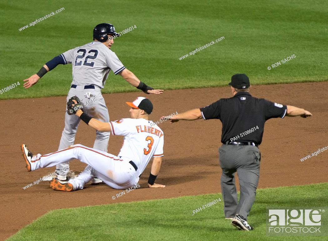 Stock Photo: New York Yankees center fielder Jacoby Ellsbury (22) is declared safe after stealing second base in the eighth inning against the Baltimore Orioles at Oriole.