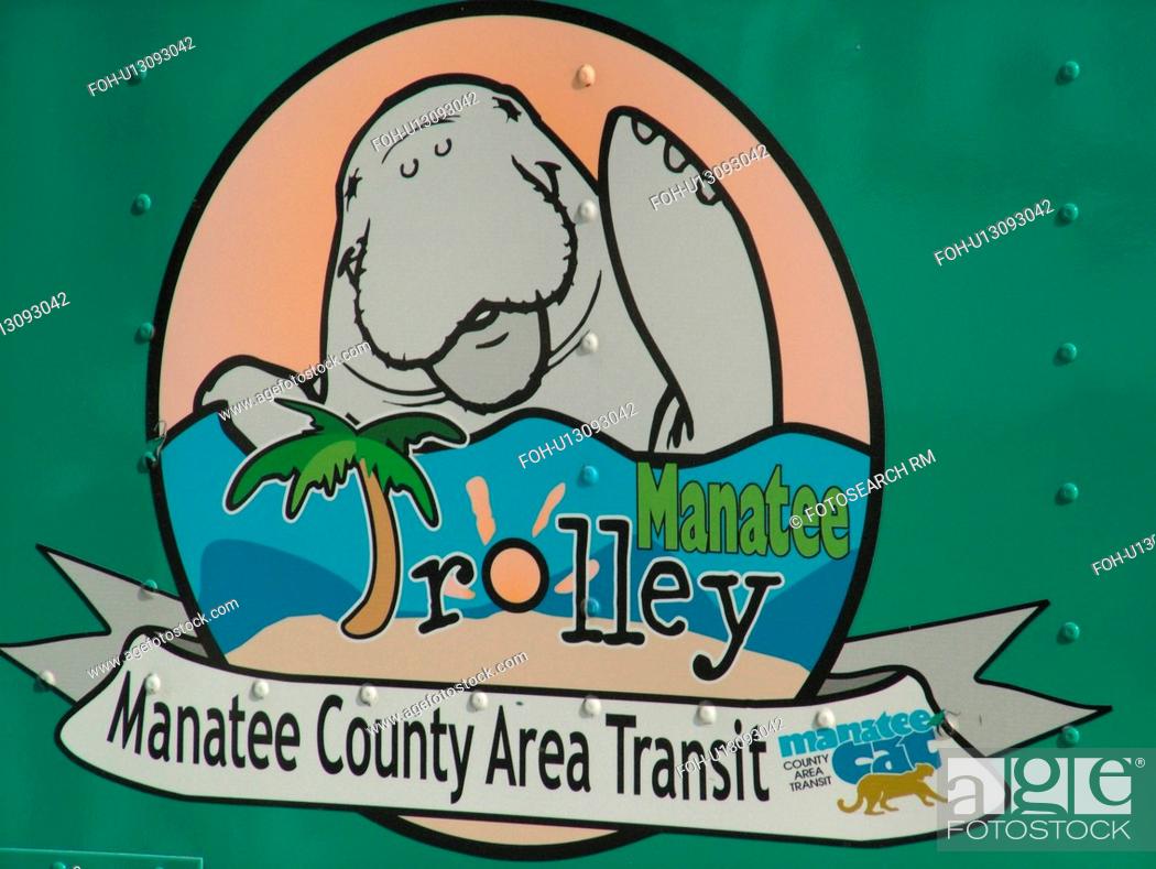 Photo de stock: Holmes Beach, FL, Florida, Anna Maria Key, Manatee Trolley Bus, Manatee County Area Transit, logo.