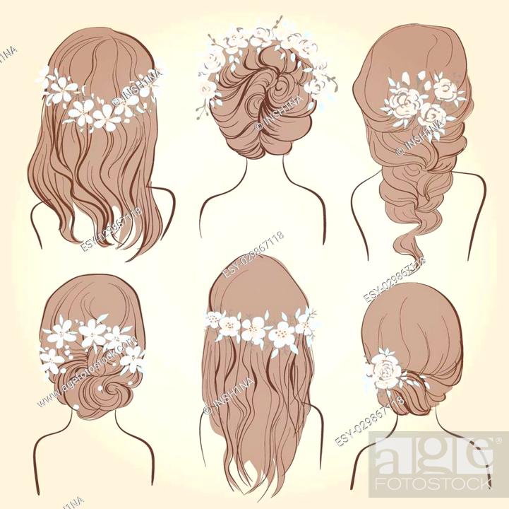 set of different vintage style hairstyles, wedding hairstyles, hair styles  with flowers, Stock Vector, Vector And Low Budget Royalty Free Image. Pic.  ESY-029867118 | agefotostock