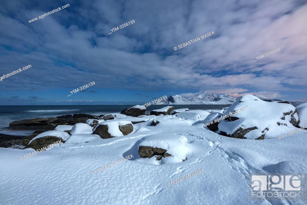 Stock Photo: Storsandnes Beach in Moonlight, Myrland, Leknes, Lofoten, Norway, Europe.