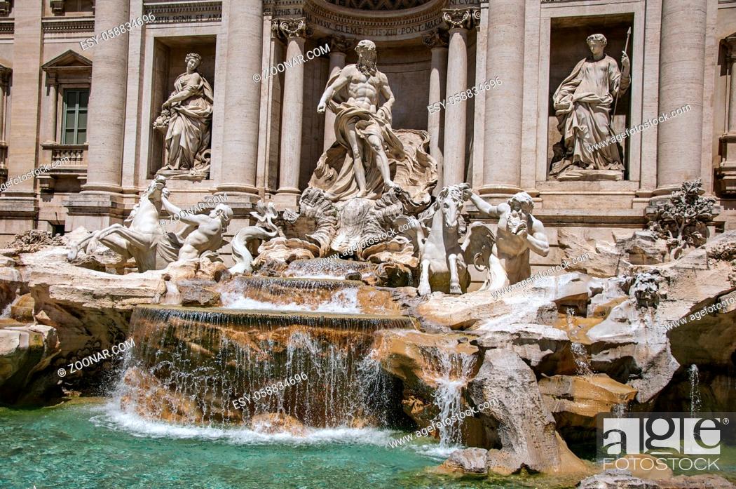 Stock Photo: Overview of the world-famous Trevi Fountain in sunny day at the city center of Rome, the incredible city of the Ancient Era, known as The Eternal City.