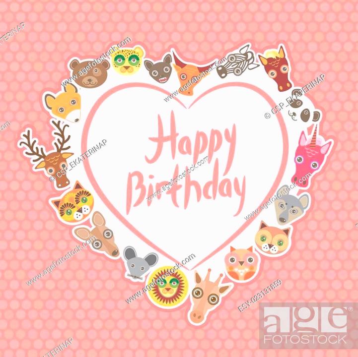 Stock Photo: Funny Animals Happy birthday. White heart on pink Polka dot background. Vector.