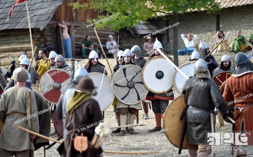 Stock Photo: Veligrad – a historical battle from the time of Great Moravia with combat demonstrations, falconry performances, crafts, archery, period market, competitions.