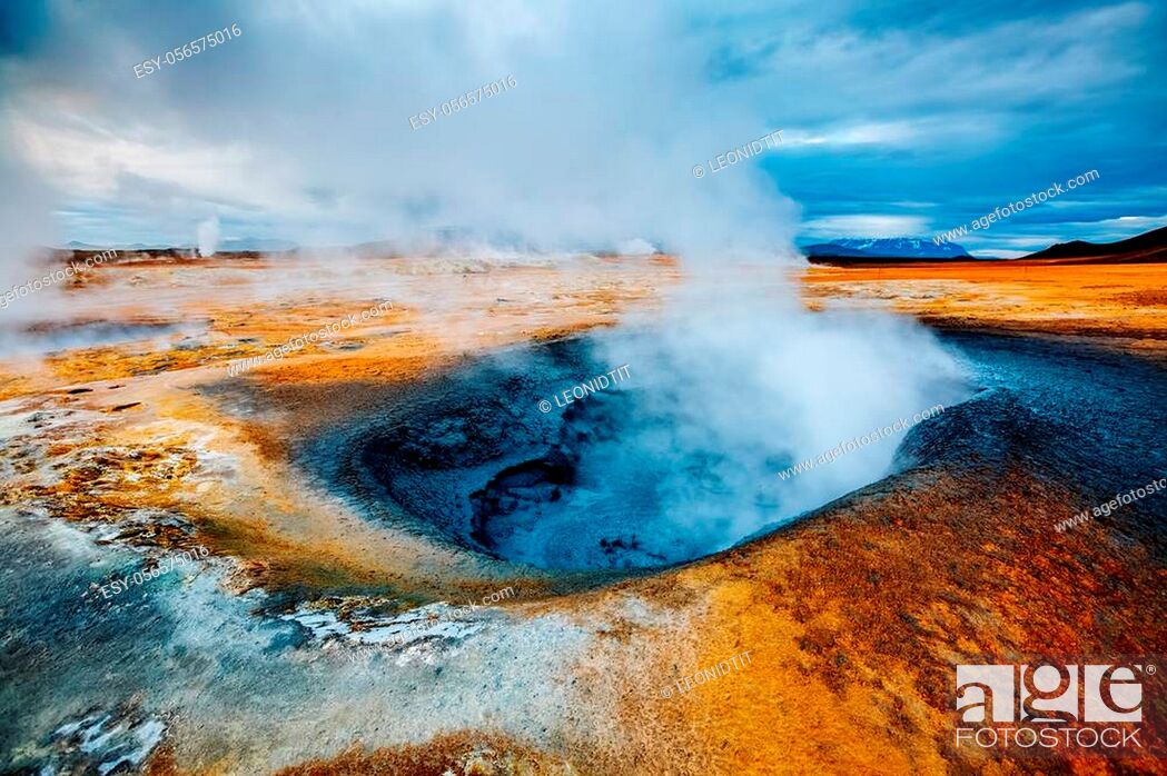Stock Photo: Ominous view geothermal area Hverir (Hverarond). Popular tourist attraction. Dramatic and picturesque scene. Location place Lake Myvatn.