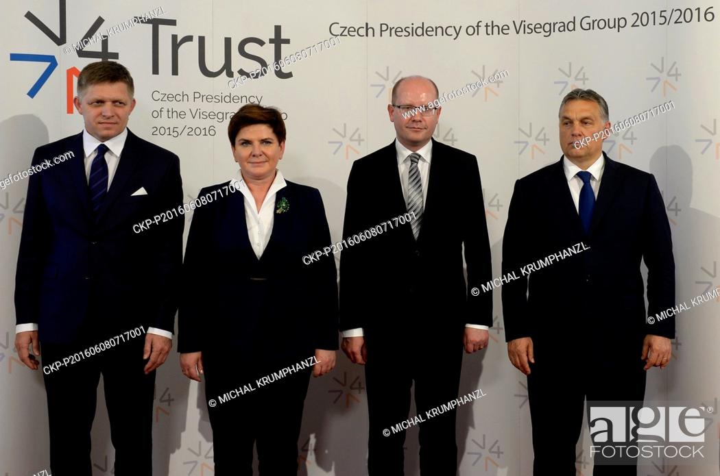 Stock Photo: From Left Prime Ministers of Slovakia Robert Fico, Polish Beata Szydlo, Czech Bohuslav Sobotka and Viktor Orban of Hungary hope that Britain will remain part of.