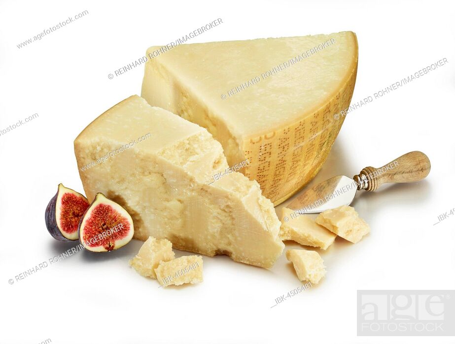 Stock Photo: Cheese, Parmigiano with fig (Ficus) as decoration.