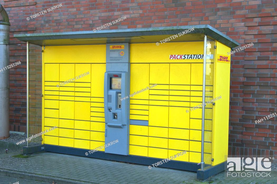 Stock Photo: A packing station of the parcel service DHL at the city field in Schleswig. It is a model trade system, where each package has its own compartment.