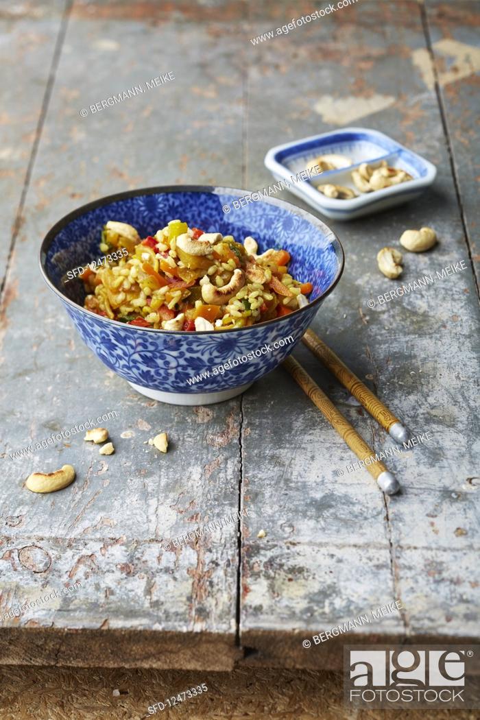 Stock Photo: Natural rice with Chinese vegetables and cashew nuts.