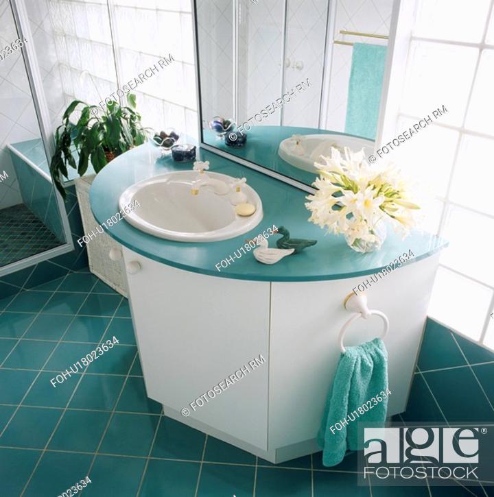 Mirror Above Circular Basin Set Into, Curved White Bathroom Vanity Unit