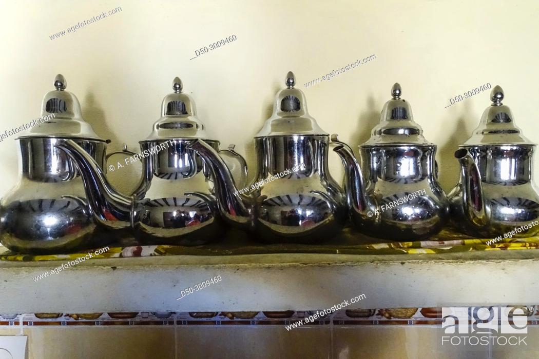 Stock Photo: SAFI, MOROCCO. Tea pots in restaurant.