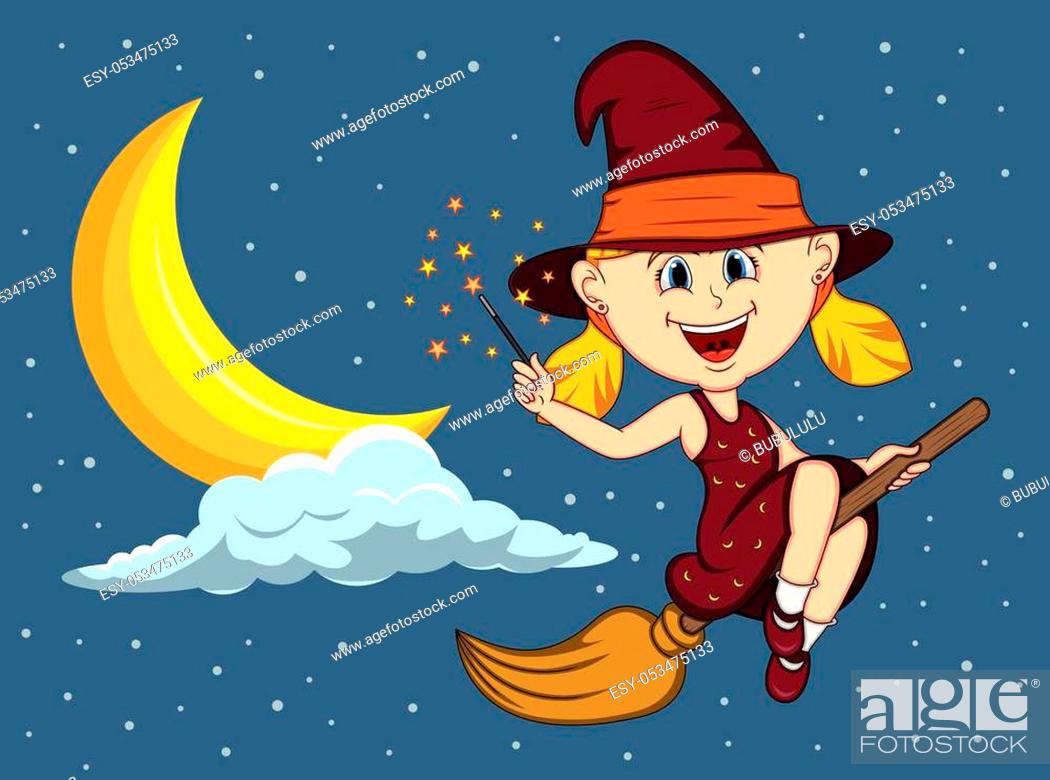 Halloween background with witches flying using broom stick cartoon - full  color, Stock Vector, Vector And Low Budget Royalty Free Image. Pic.  ESY-053475133 | agefotostock