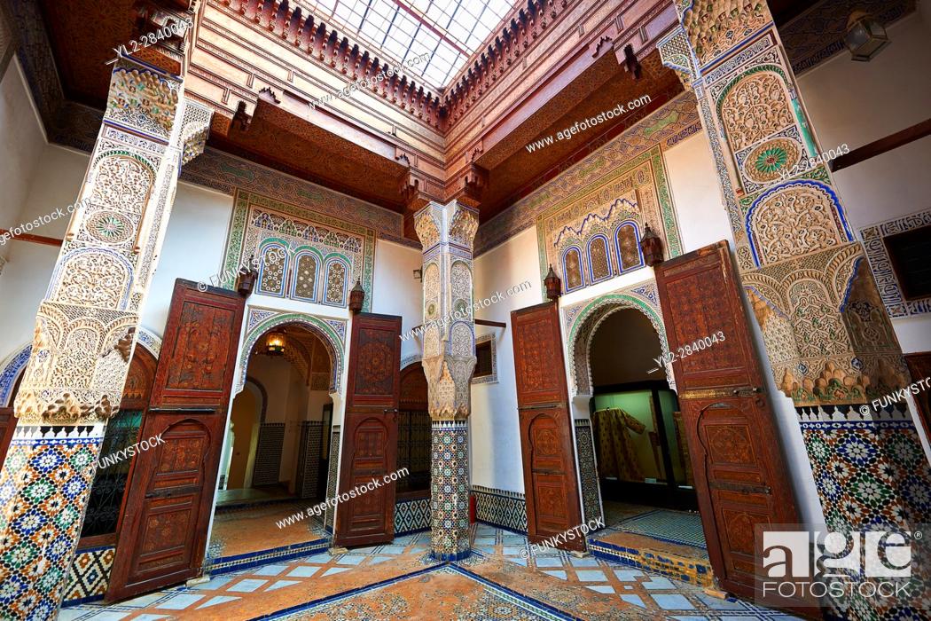 Stock Photo: Arabesque Moorish plasterwork and zellij mosaics of the Dar Jamai Museum a typical dwellings of high Moroccan bourgeoisie at the end of XIX century.