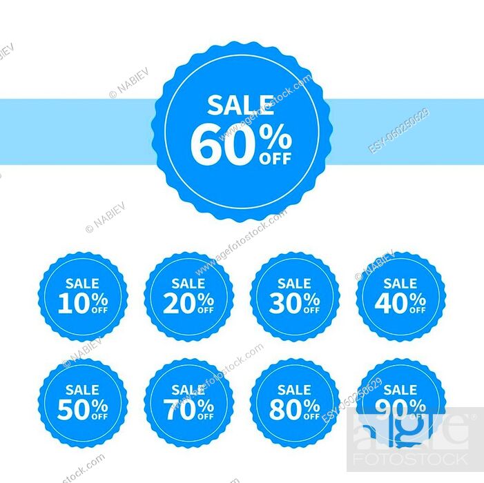 Stock Vector: Sale tags set vector badges template, up to 10, 20, 30, 40, 50, 60, 70, 80, 90 percent off. Templates ready for use in advertising design, web and print design.