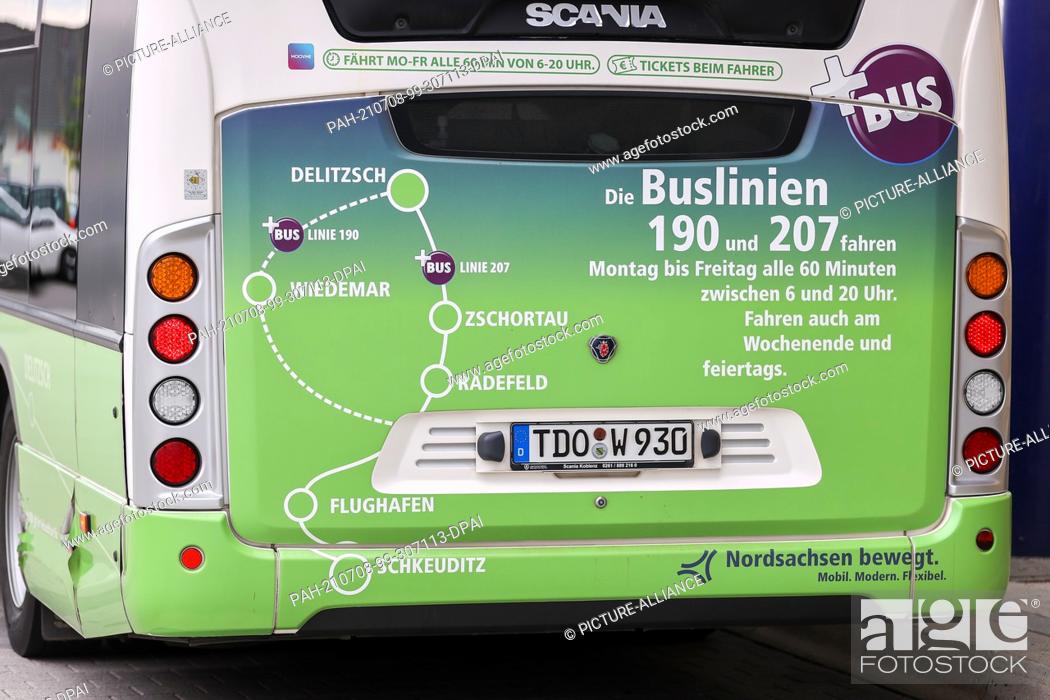 Stock Photo: 08 July 2021, Saxony, Delitzsch: The stations of two bus lines are painted on the rear of a bus. On the same day, the Minister of Education and the Minister of.