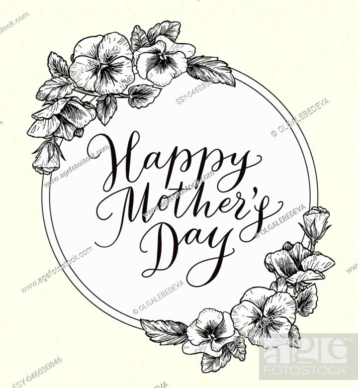  Tarjeta del día de las madres felices con texto y marco de flores botánicas vintage, Foto de Stock, Vector Low Budget Royalty Free.  Foto.  ESY