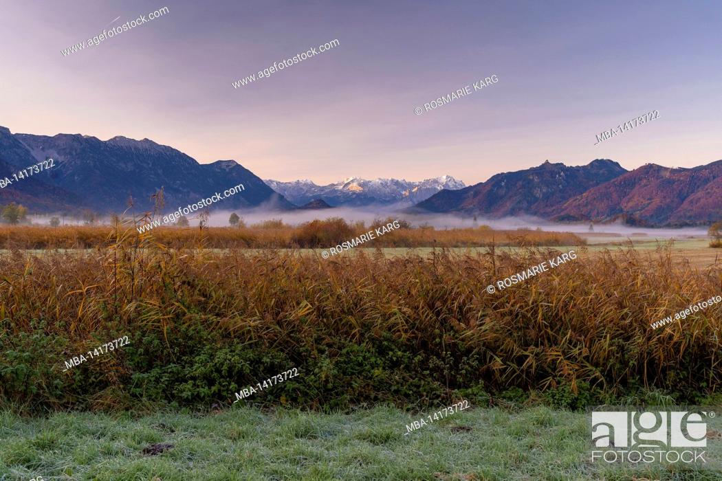 Imagen: Fog over the Murnauer Moos near Ohlstadt with a view of the Ester Mountains, Wetterstein Mountains, Zugspitze and Alpspitze, near Murnau, Bavaria, Germany.