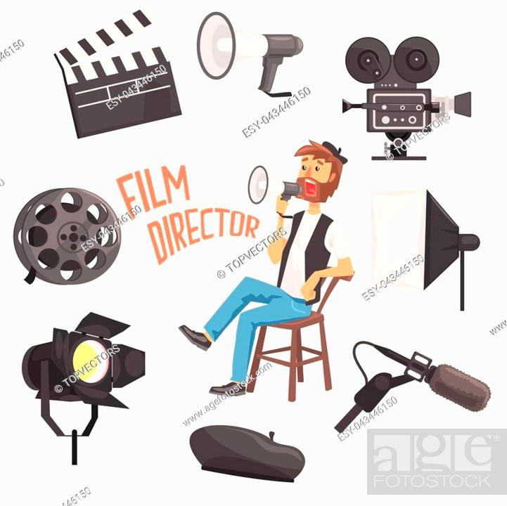Film Director Sitting With Megaphone Controlling Movie Shooting Process  Surrounded By Moviemaking..., Stock Vector, Vector And Low Budget Royalty  Free Image. Pic. ESY-043446150 | agefotostock