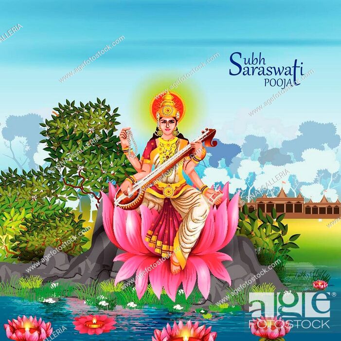 easy to edit vector illustration of Goddess Saraswati for Vasant Panchami  Puja of India, Stock Vector, Vector And Low Budget Royalty Free Image. Pic.  ESY-056262410 | agefotostock