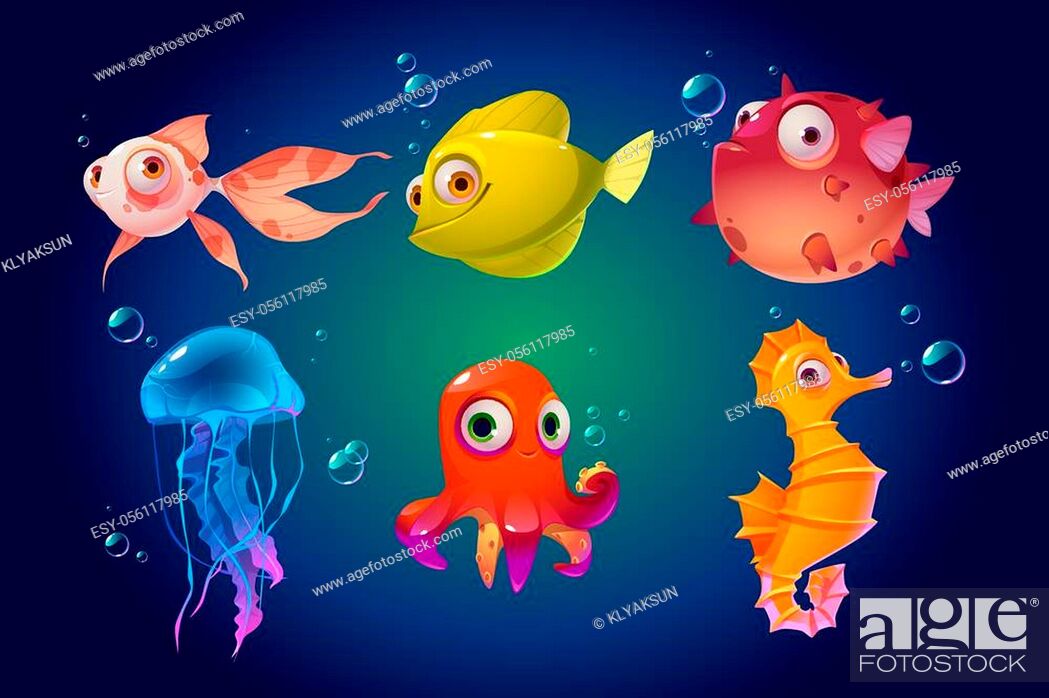Cute sea animals, fish, octopus, jellyfish. Vector cartoon characters in  ocean, Stock Vector, Vector And Low Budget Royalty Free Image. Pic.  ESY-056117985 | agefotostock