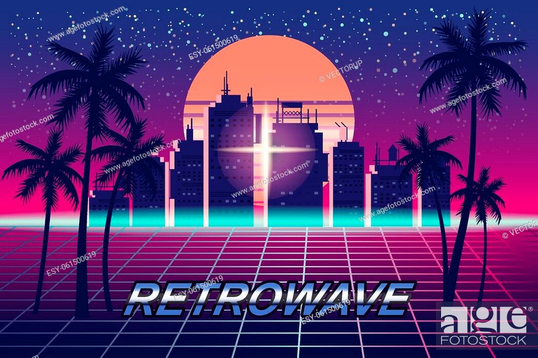 Retrowave banner vaporwave aesthetic background. Futuristic city palms grid  3d, Stock Vector, Vector And Low Budget Royalty Free Image. Pic.  ESY-061500619 | agefotostock