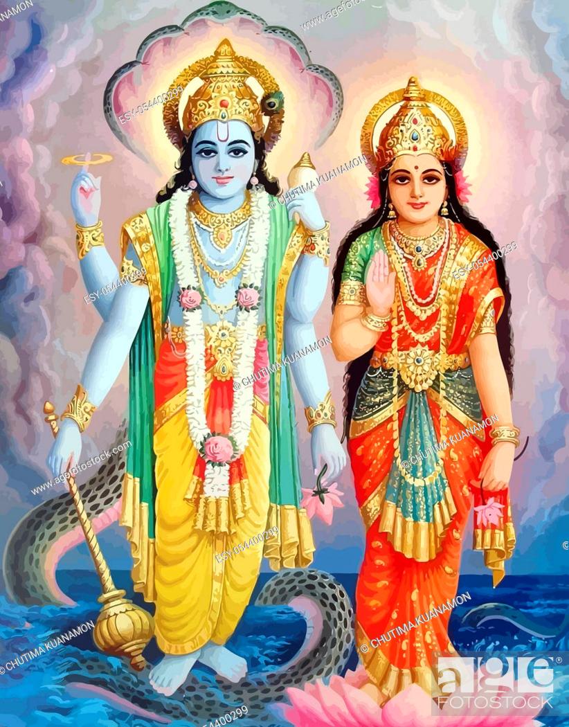 lord Vishnu lady Lakshmi lotus flower hinduism mythology illustration,  Stock Photo, Picture And Low Budget Royalty Free Image. Pic. ESY-054400299  | agefotostock