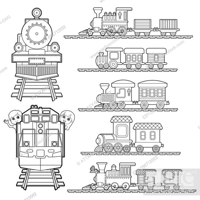 image of set of Train cartoon, train travel with kids and friend coloring  page for toddler vector, Stock Vector, Vector And Low Budget Royalty Free  Image. Pic. ESY-056713592 | agefotostock