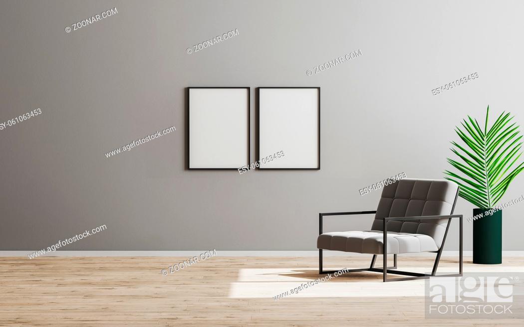 Stock Photo: Two blank empty vertical frame mock up in empty room with gray armchair and green plant, empty gray wall and wooden floor, gray room interior background.