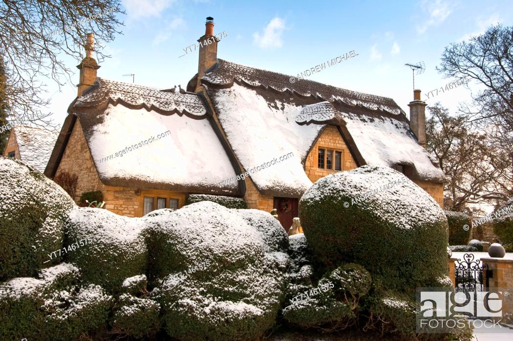 Stock Photo: A Cotswolds cottage covered in snow  Chipping Campden  Gloucestershire  England.