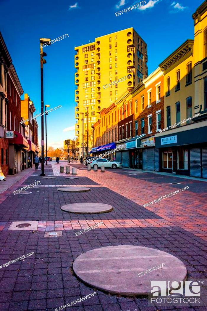 Stock Photo: Shops in Old Town Mall and highrise in Baltimore, Maryland.