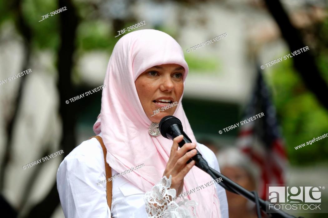 Stock Photo: Shaylene Haswarey of the Interfaith Council of Greater Portland speaks at a March for Truth rally on June 3, 2017. Portland, Oregon, United States.