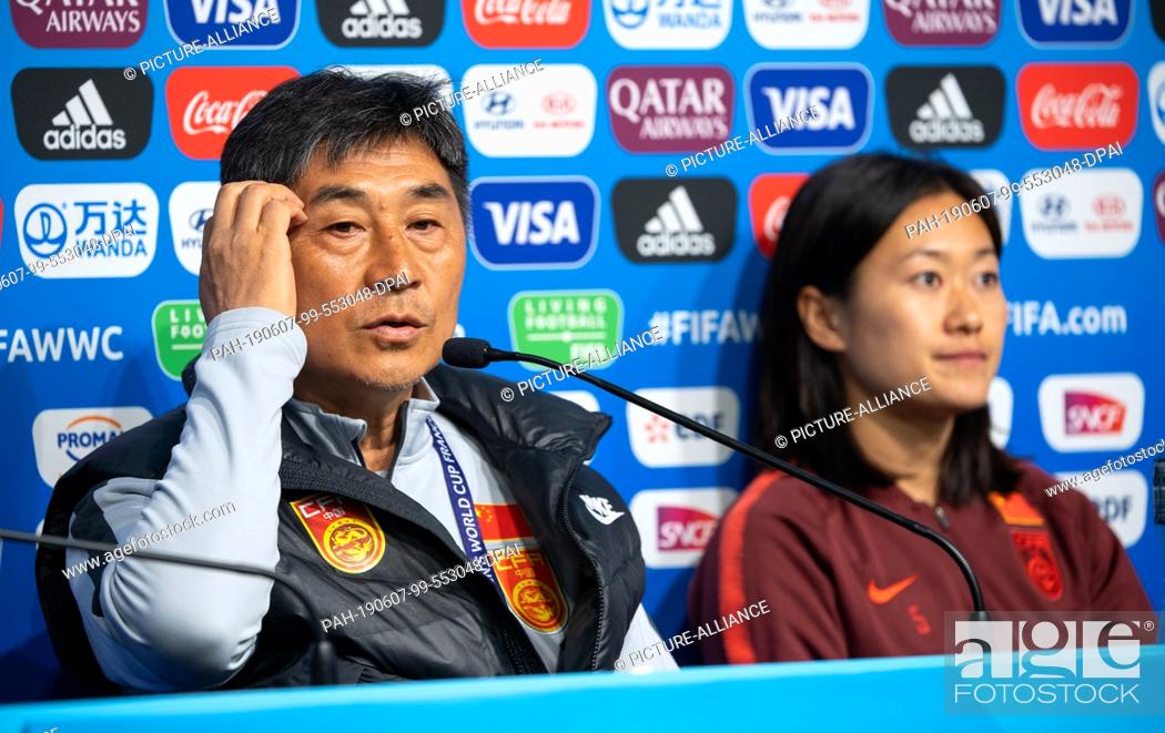 Stock Photo: 07 June 2019, France (France), Rennes: Football, women, World Cup, national team, China, press conference: Xiuquan Jia, coach of the Chinese women's national.