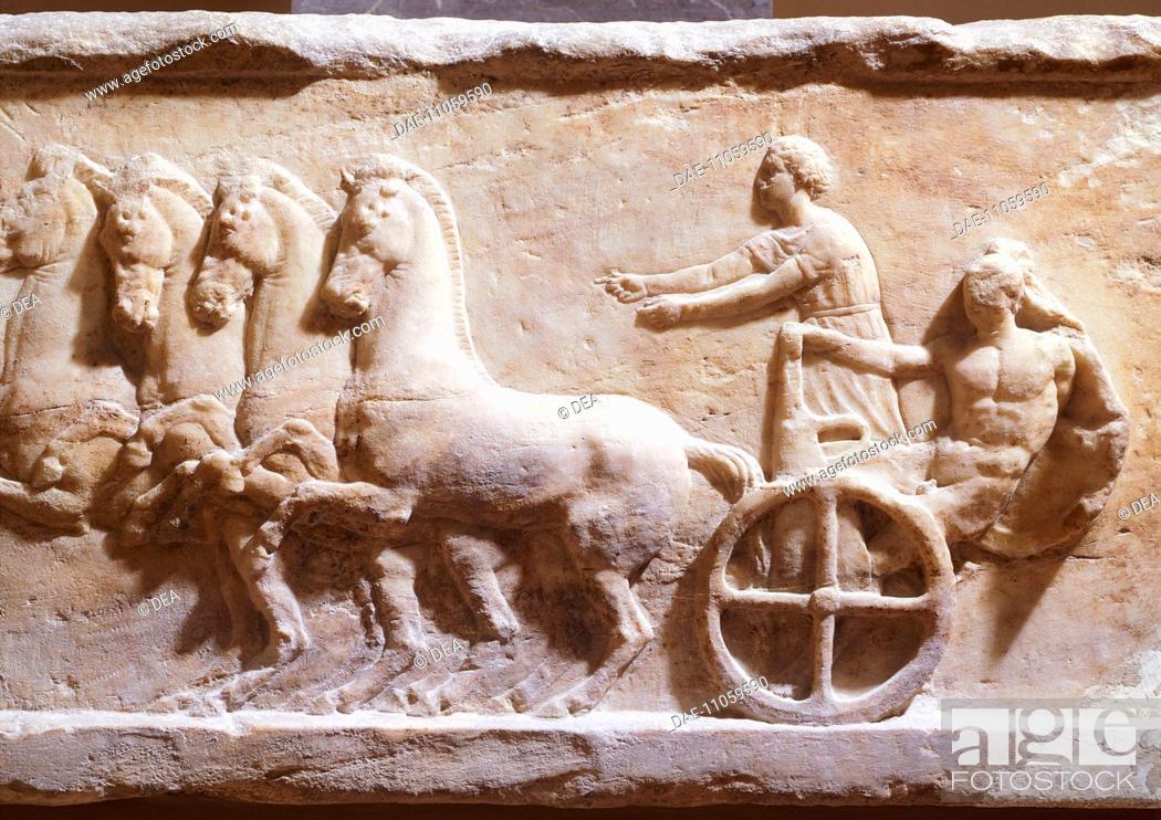 Stock Photo: Hoplite on a chariot, relief from The Acropolis of Athens, Greece. Greek civilization, 4th Century BC.  Athens, Moussío (Acropolis Museum.