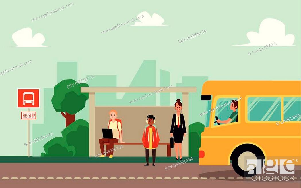 Teacher and pupils, adult and children cartoon characters waiting school bus  at stop, Stock Vector, Vector And Low Budget Royalty Free Image. Pic.  ESY-055996154 | agefotostock