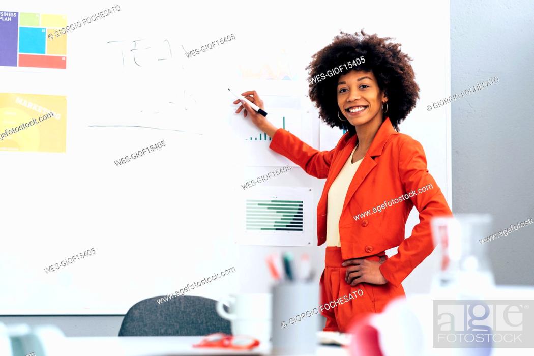 Stock Photo: Smiling businesswoman standing with hand on hip in front of whiteboard at office.