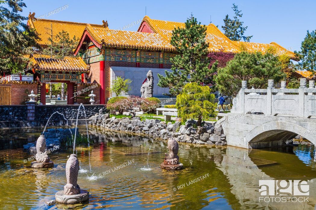 Stock Photo: Water feature on the grounds of the Buddhist temple on Steveston Highway in Richmond, British Columbia, Canada.