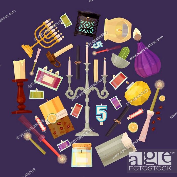 Stock Vector: Candle round vector illustration. Wax candles for xmas party, romantic heat candlelight flame and lit flaming nightlight in glass.