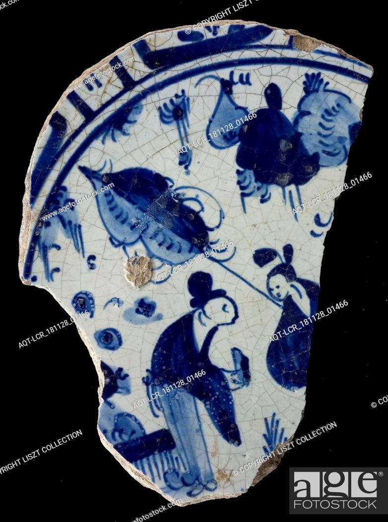 Stock Photo: Fragment majolica dish, blue on white, Chinese, border in Wanli style, dish plate crockery holder earth discovery ceramics earthenware glaze.