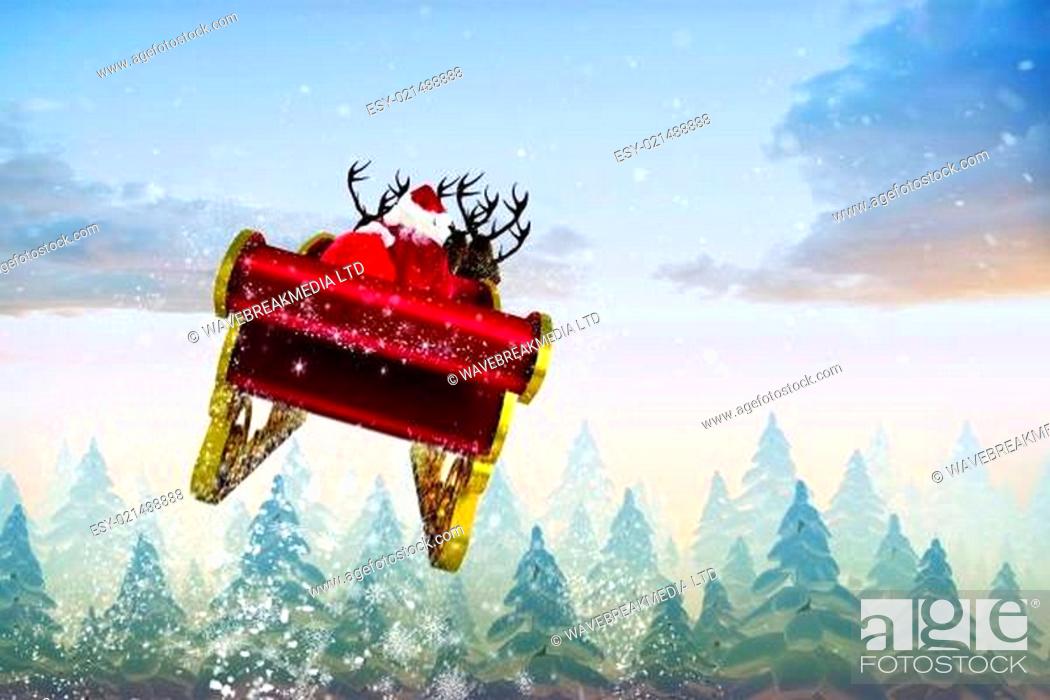 Stock Photo: Composite image of santa flying his sleigh.