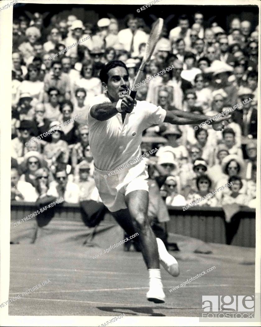 Stock Photo: Jun. 25, 1962 - Wimbledon First Day - Centre Court. Photo shows N. Kumar(India) in play-aN. Kumar(India)gainst Rod Laver.