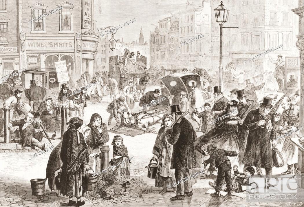 Stock Photo: An icy cold day in London, England in the 19th century. From L'Univers Illustre published 1867.