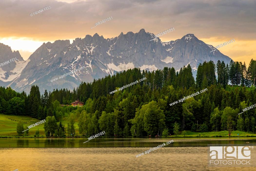 Stock Photo: View of the Wilder Kaiser Mountain Range from Schwarzsee near Kitzbuhel, Tyrol, Austria, Europe.